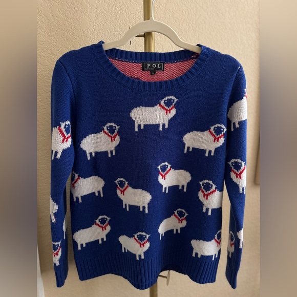 POL Sweaters - POL Sheep Motif Crew Neck Sweater // Royal Blue/ Red // Size Medium